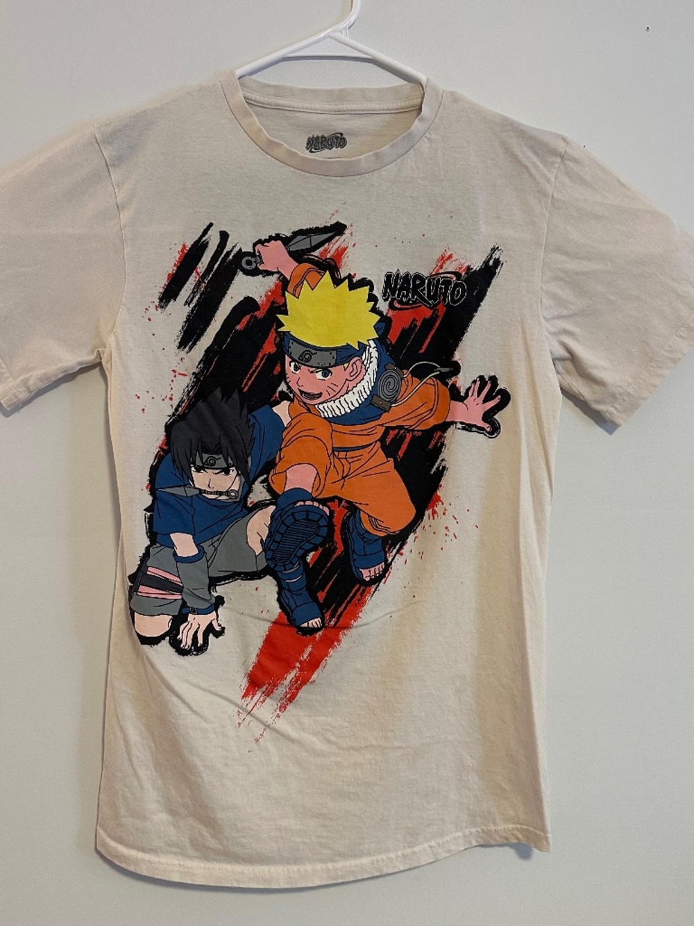 Naruto x Sasuke Uchiha Anime Graphic Print T-Shirt Medium White Y2K Short Sleeve